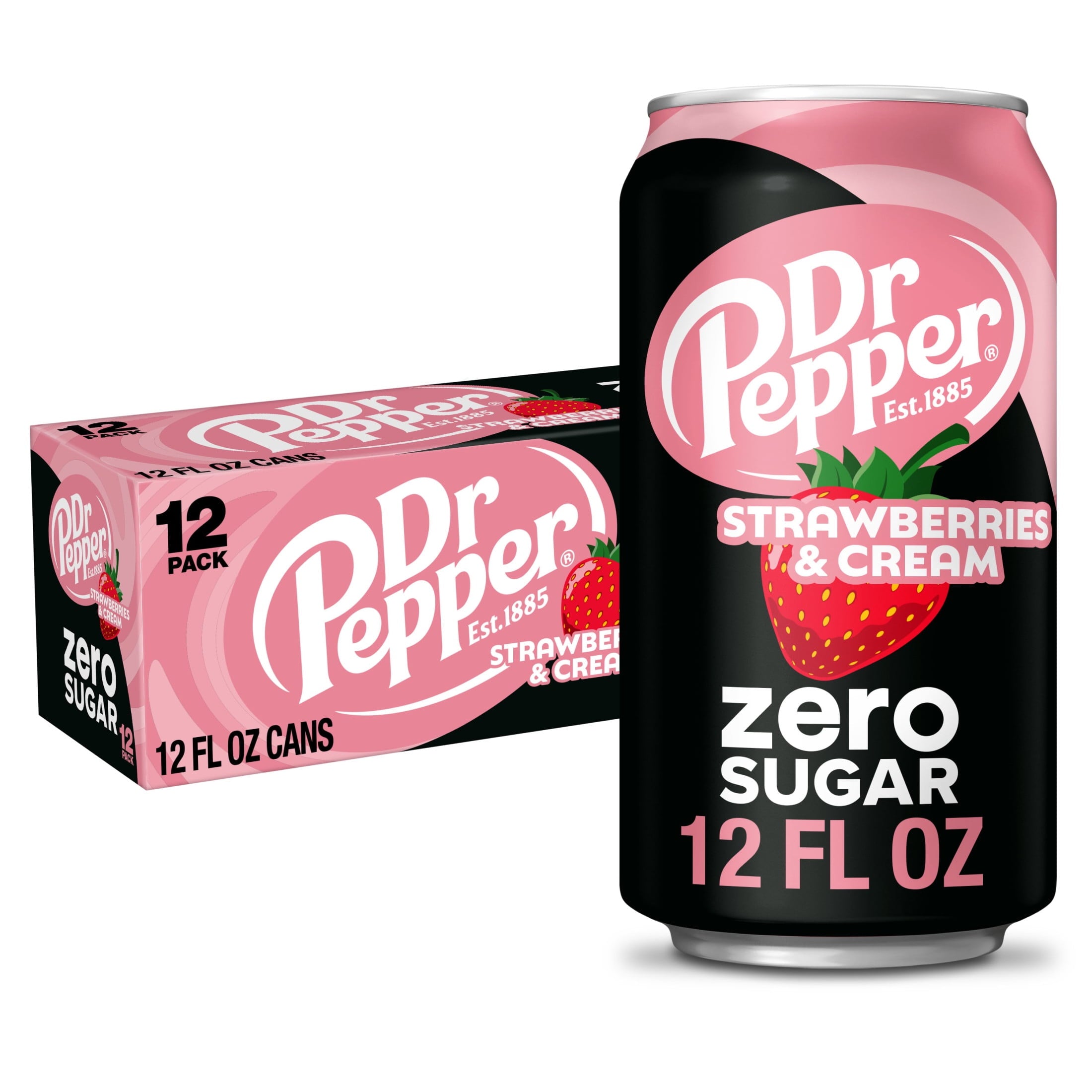 Dr Pepper Strawberries & Cream Zero Sugar Soda, 12 fl oz Cans, 12-Pack